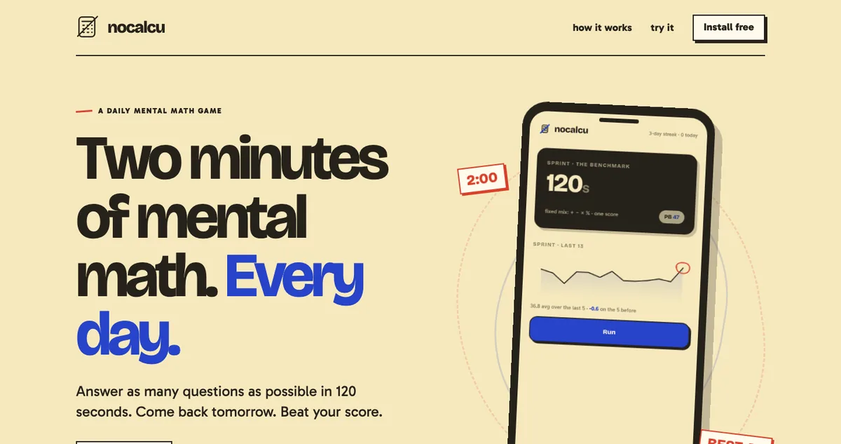 nocalcu landing page: two minutes of mental math, every day, with the app open on a phone
