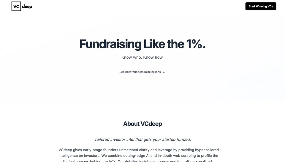 VCdeep landing page: Fundraising like the 1 percent