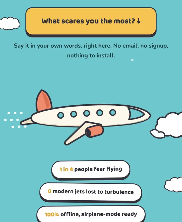 Wingcalm on a phone: a cartoon plane in a teal sky under the question What scares you the most